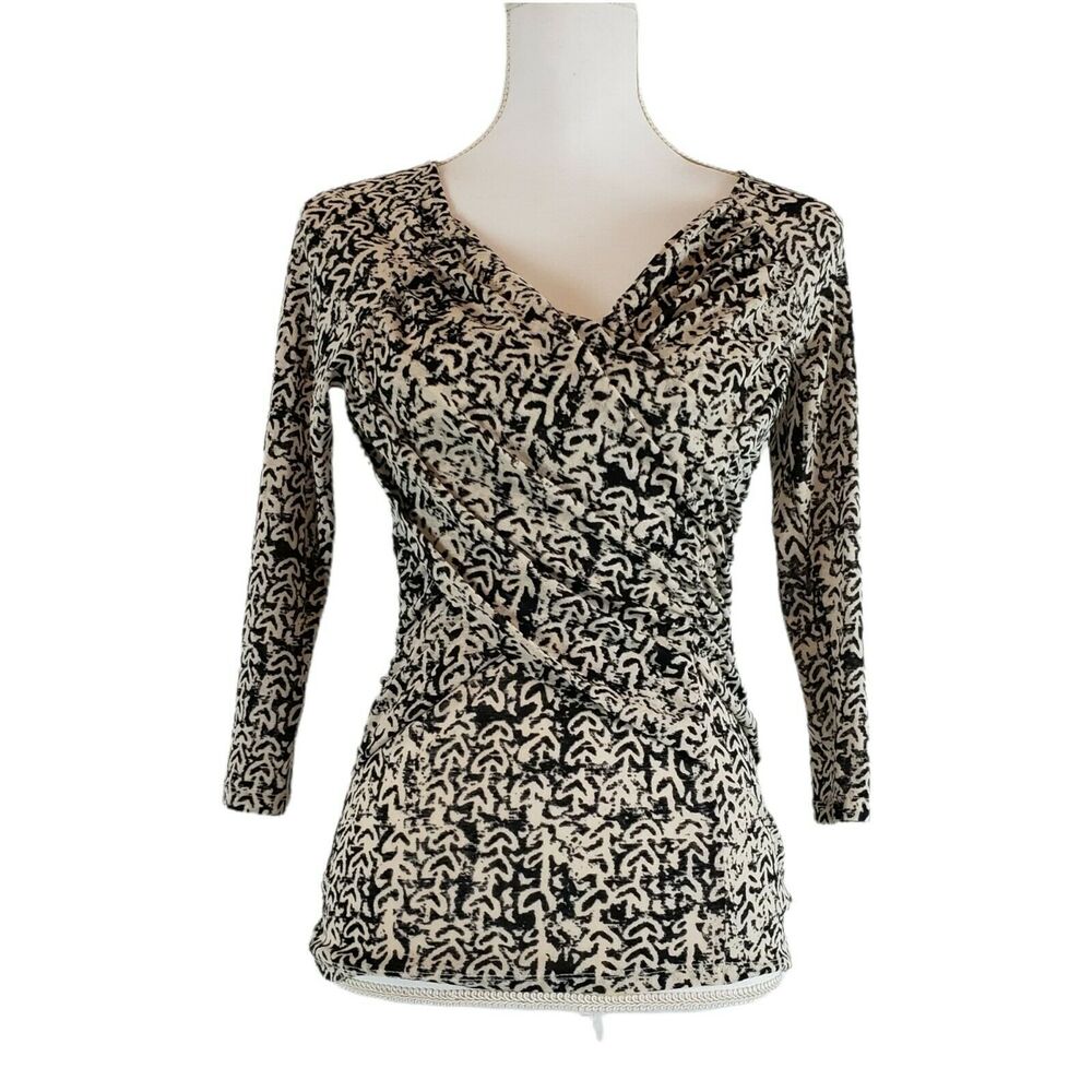 Meadow Rue Anthropologie SIZE S Faux Wrap 3/4 Sleeve Blouse Top Ruched Side Blac